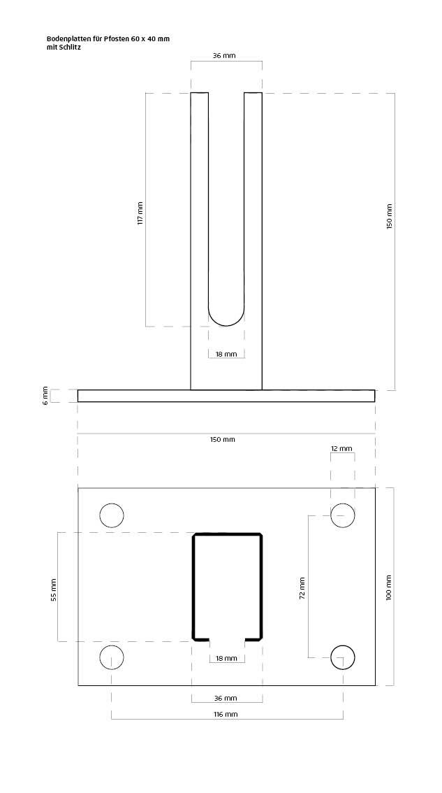 Bodenplatte für Rechteckrohr 60x40mm, 150x100x6,0mm, anth. + S